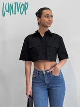 Lunivop Solid Pockets Cropped Blouses Women Spring Summer Chic Fashion Lapel Collar Short Sleeve